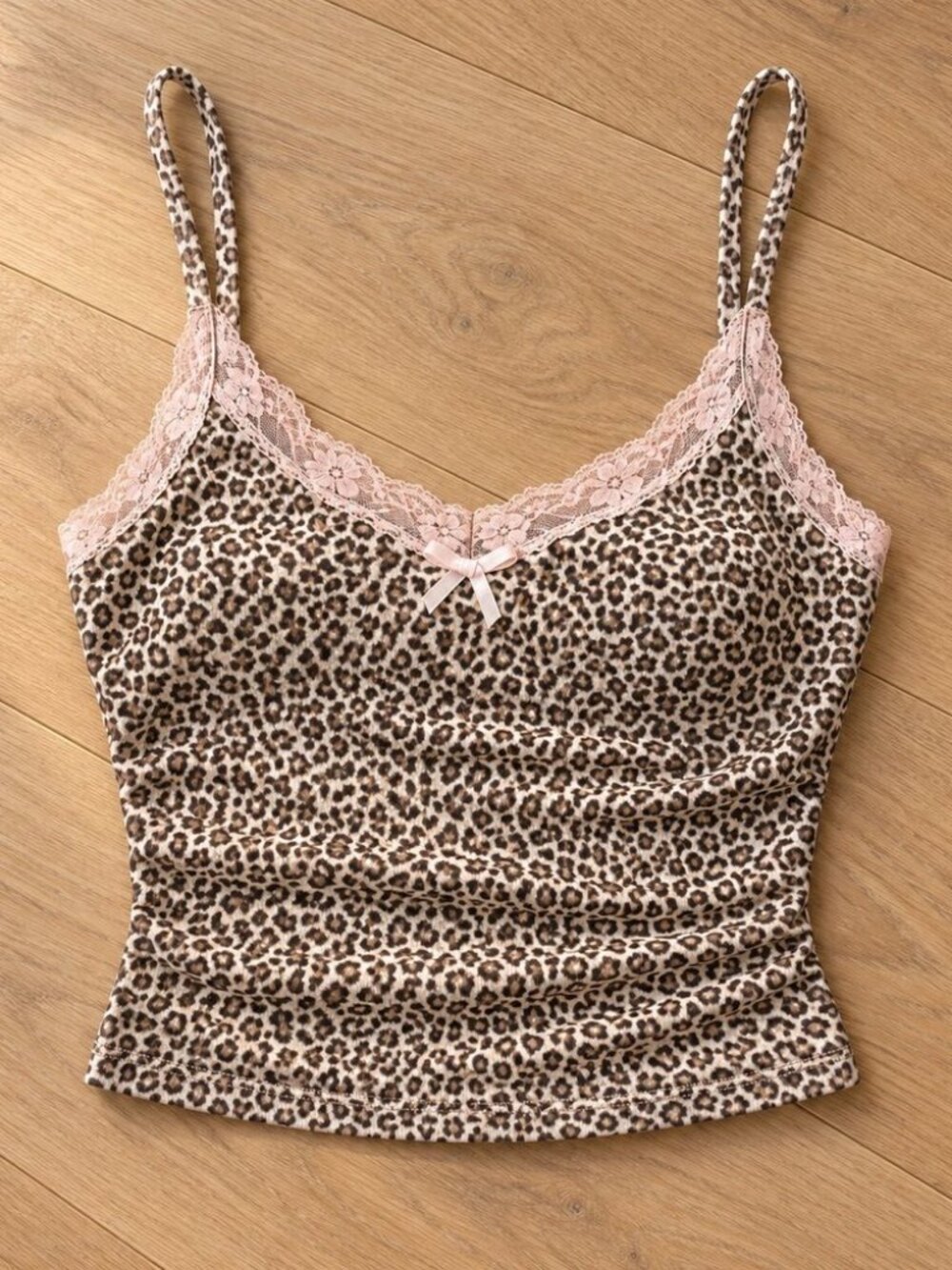Leopard print cami with pink lace trim - coquette y2k bow cami